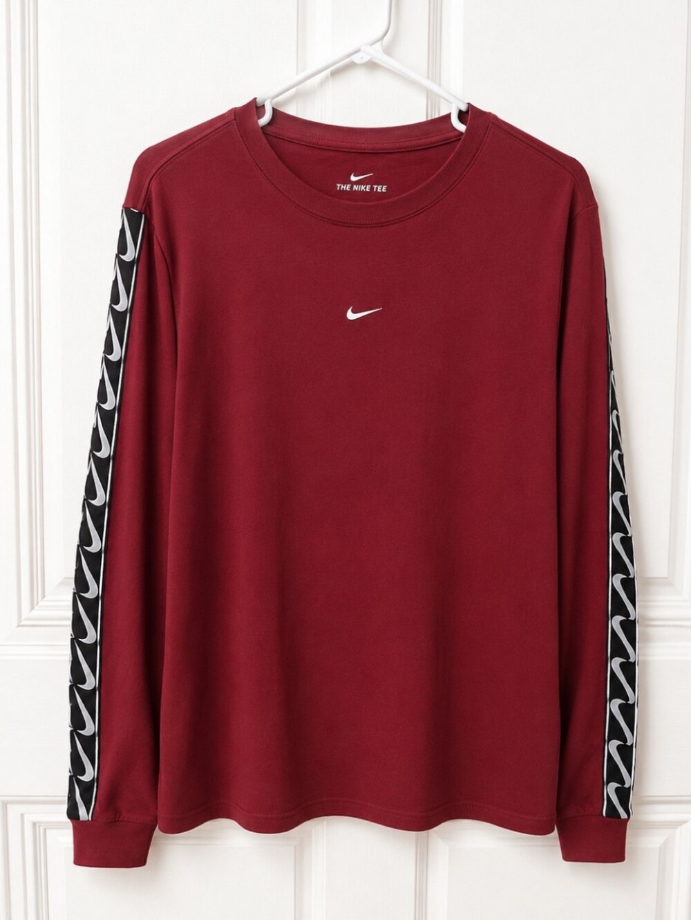 Nike The Nike Tee Burgundy Long Sleeve Swoosh Tape Logo Graphic Shirt Men's Lg